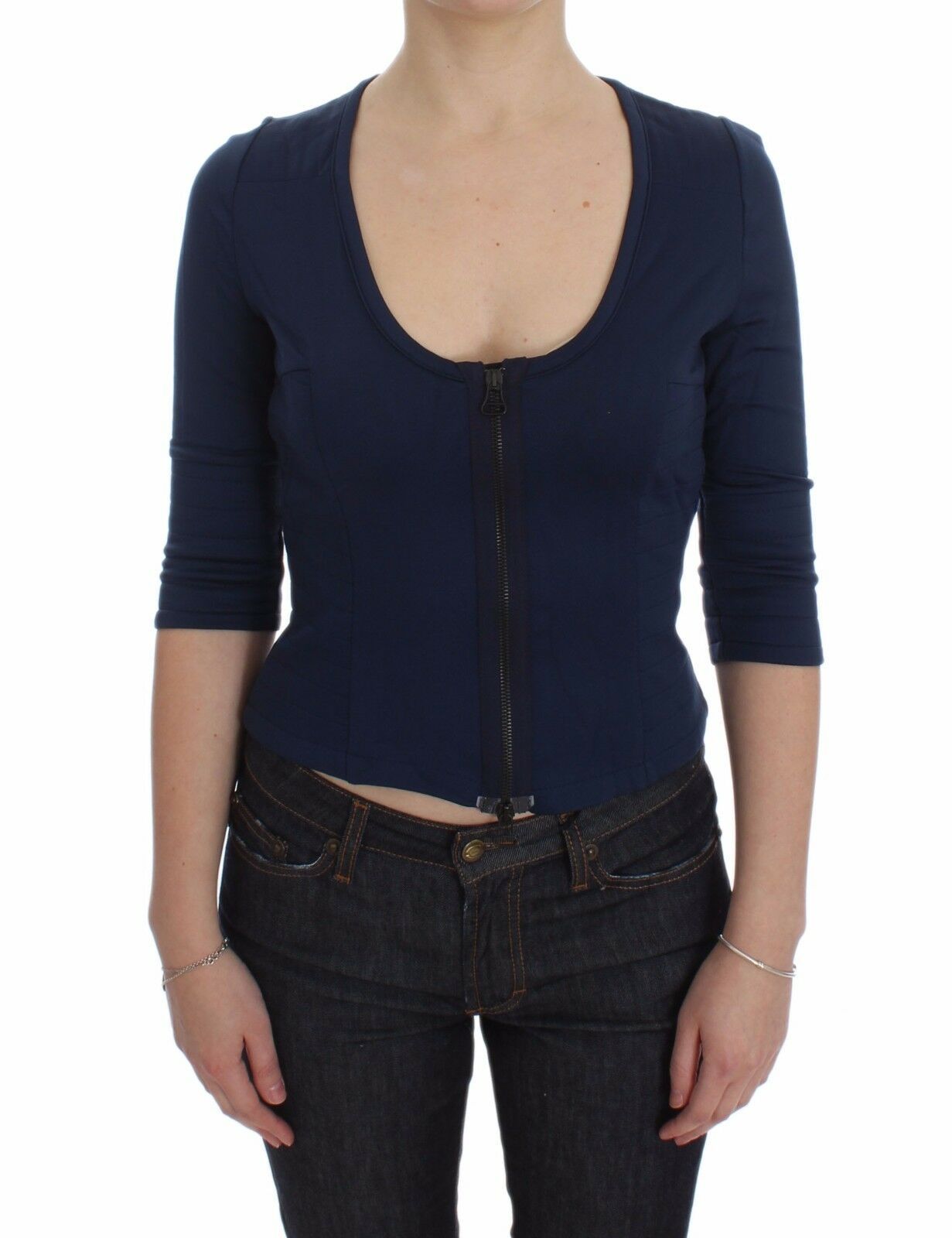 Exte Chic Zippered Crew-Neck Blue Sweater