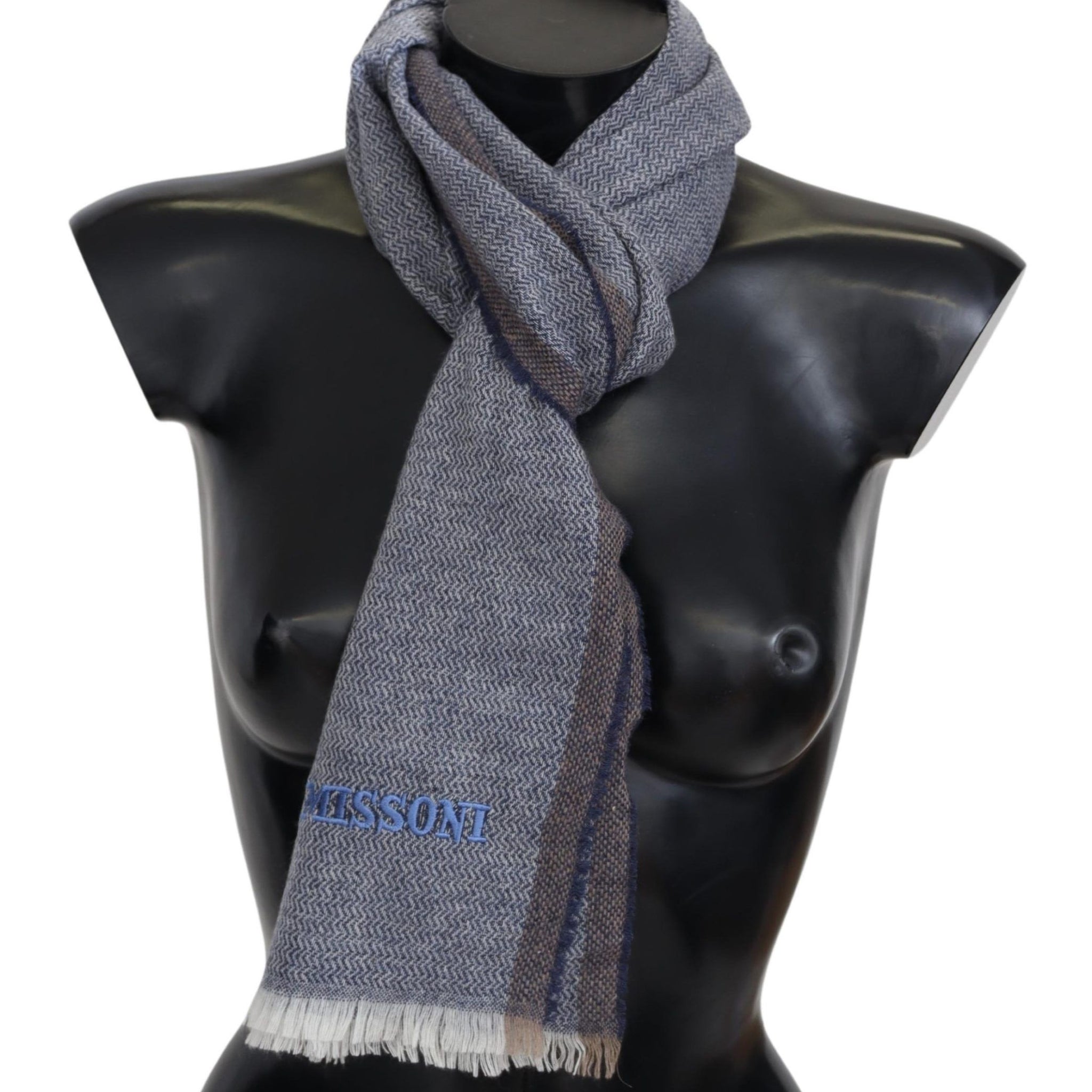 Missoni Elegant Gray Wool Scarf with Stripes and Fringes