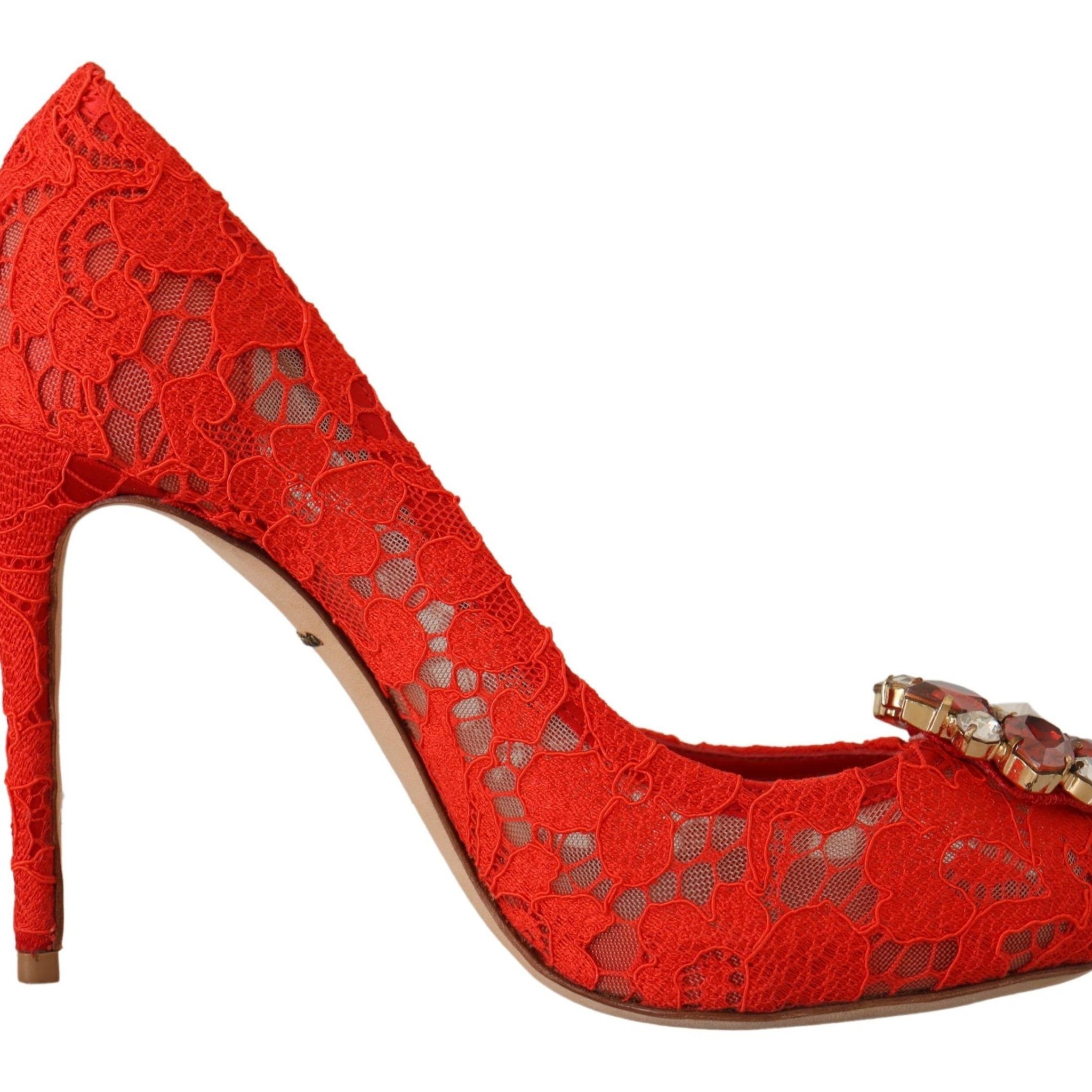 Dolce & Gabbana Red Crystal Taormina Lace Heels Pumps