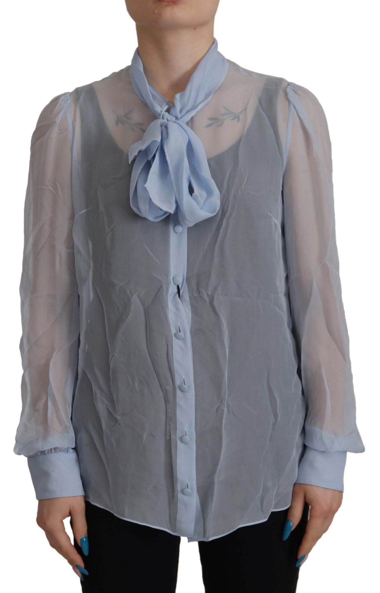 Dolce & Gabbana Elegant Silk Ascot Collar Blouse in Light Blue