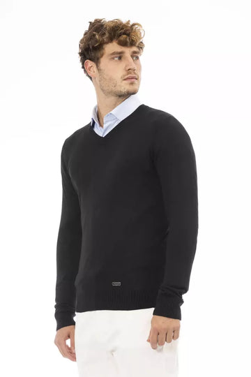 Baldinini Trend Elegant V-Neck Black Cashmere Blend Sweater