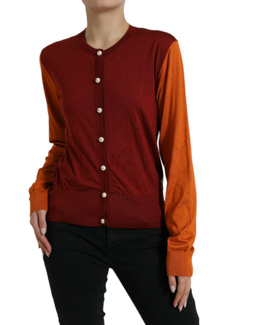 Dolce & Gabbana Silk Button Front Cardigan in Maroon Mix