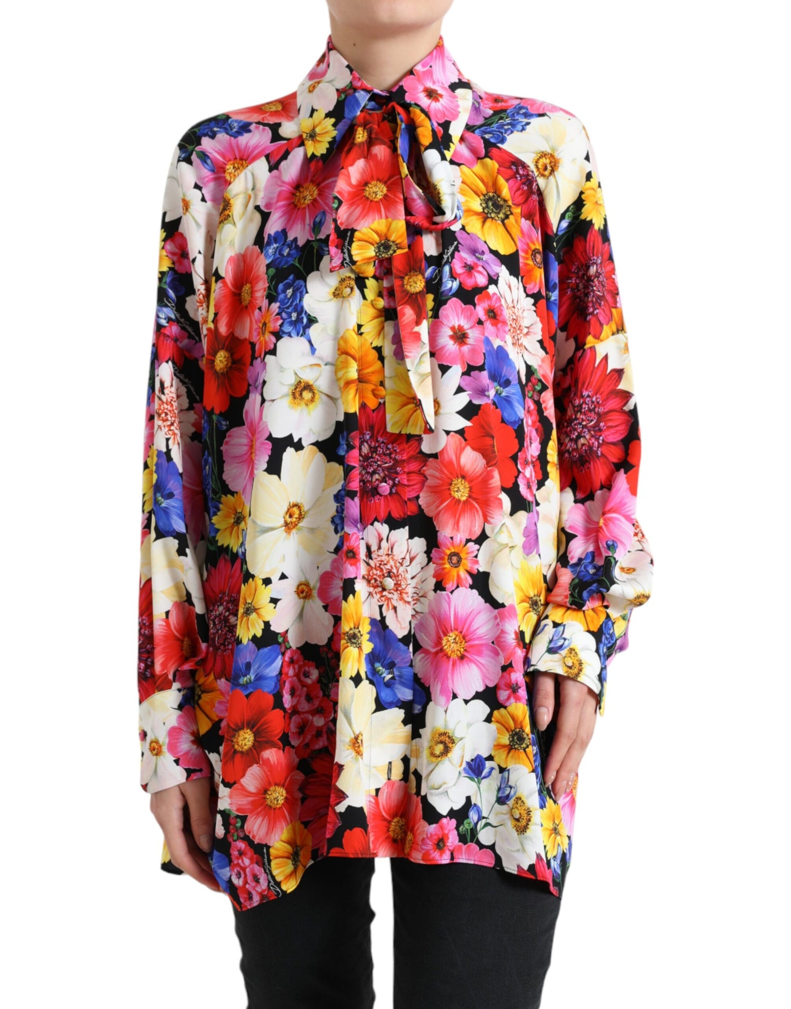 Dolce & Gabbana Floral Silk Blouse with Front Tie Fastening