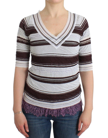 Ermanno Scervino Striped V-Neck Knit Top with Lace Hem