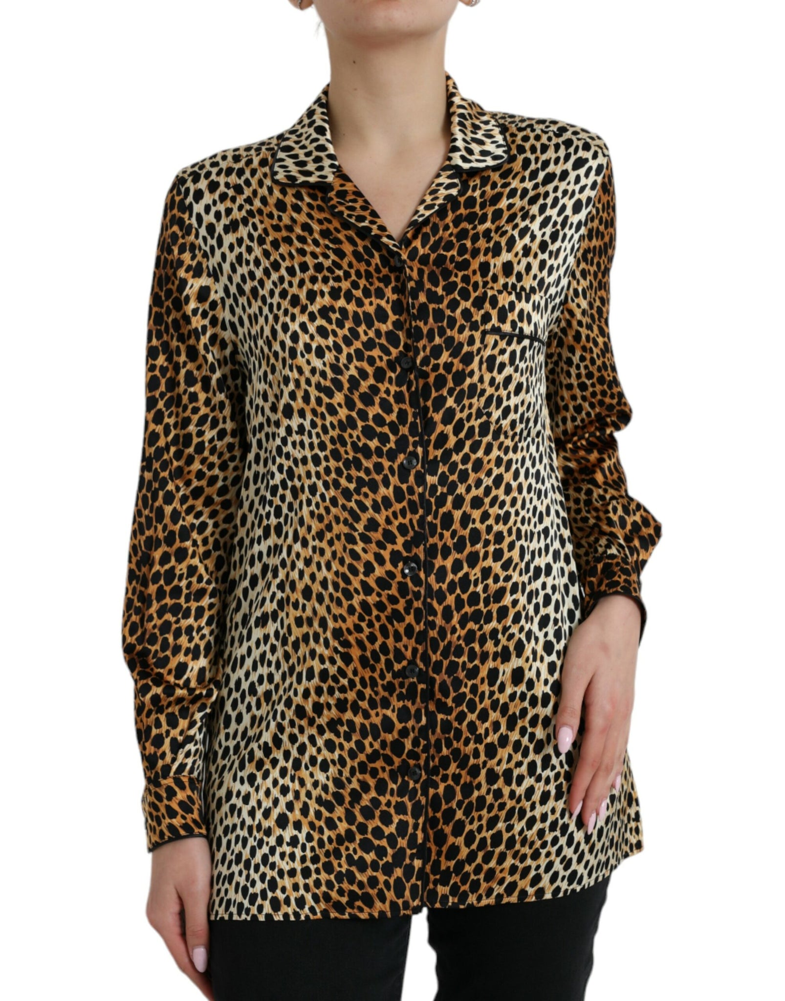 Dolce & Gabbana Elegant Brown Animal Print Silk Blouse