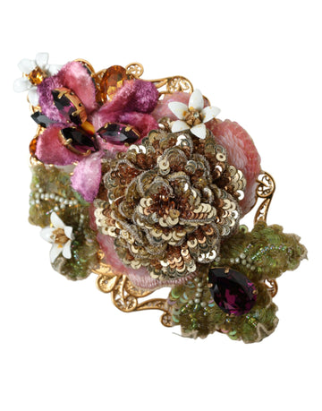 Dolce & Gabbana Gold Brass Floral Crystal Sequined Hair Clip