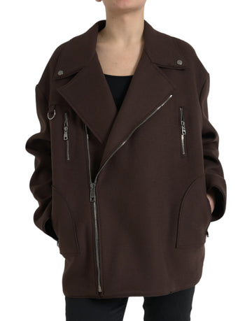 Dolce & Gabbana Brown Coat Short Biker Wool Jacket