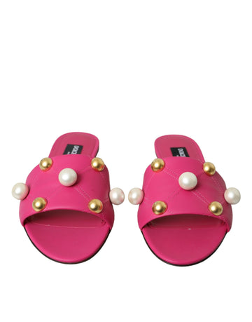 Dolce & Gabbana Pink Embellished Leather Flats Sandals Shoes