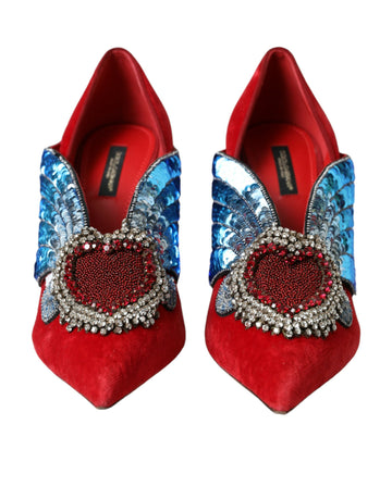 Dolce & Gabbana Red Velvet Sequin Crystal Heels Pumps Shoes