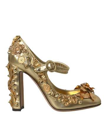 Dolce & Gabbana Gold Leather Crystal Mary Janes Pumps Shoes