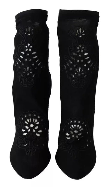 Dolce & Gabbana Black Stretch Pumps Boots Floral Lace Shoes