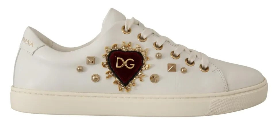 Dolce & Gabbana White Leather Gold Red Heart Sneakers Shoes