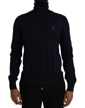 Dolce & Gabbana Blue Wool Crown Turtleneck Pullover Sweater