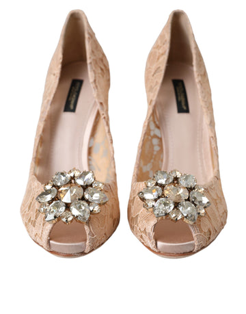 Dolce & Gabbana Beige Taormina Lace Crystal Heels Pumps Shoes