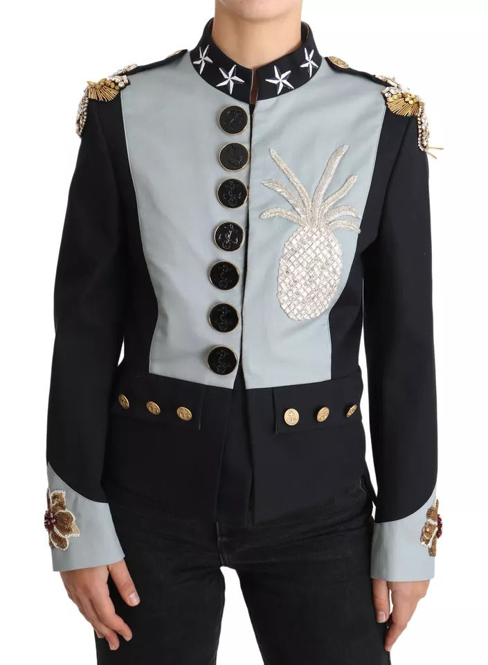 Dolce & Gabbana Blue Button Crystal Embellished Cotton Jacket