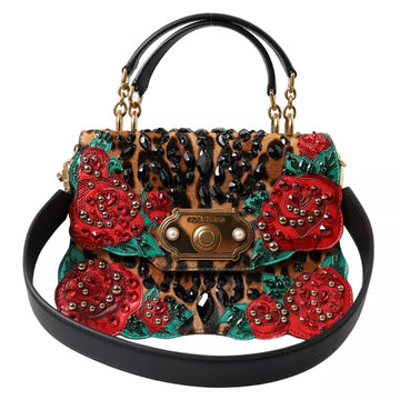 Dolce & Gabbana Multicolor Leopard Crystal Roses WELCOME Fur Bag