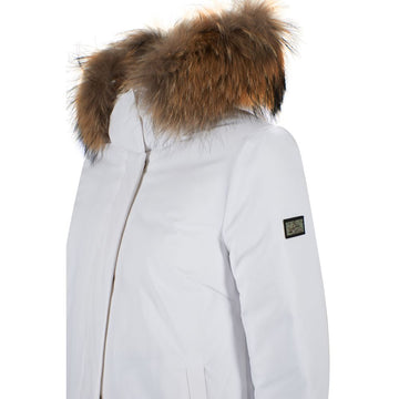 Yes Zee Chic White Down Jacket with Fur-Trimmed Hood