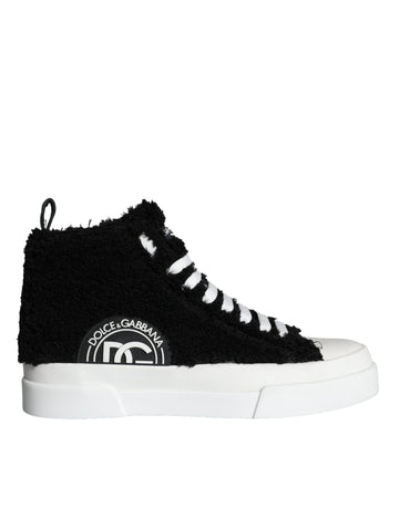 Dolce & Gabbana Black White Fur Logo High Top Sneaker Shoes