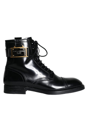 Dolce & Gabbana Black Logo Lace Up Mid Calf Men Boots Shoes