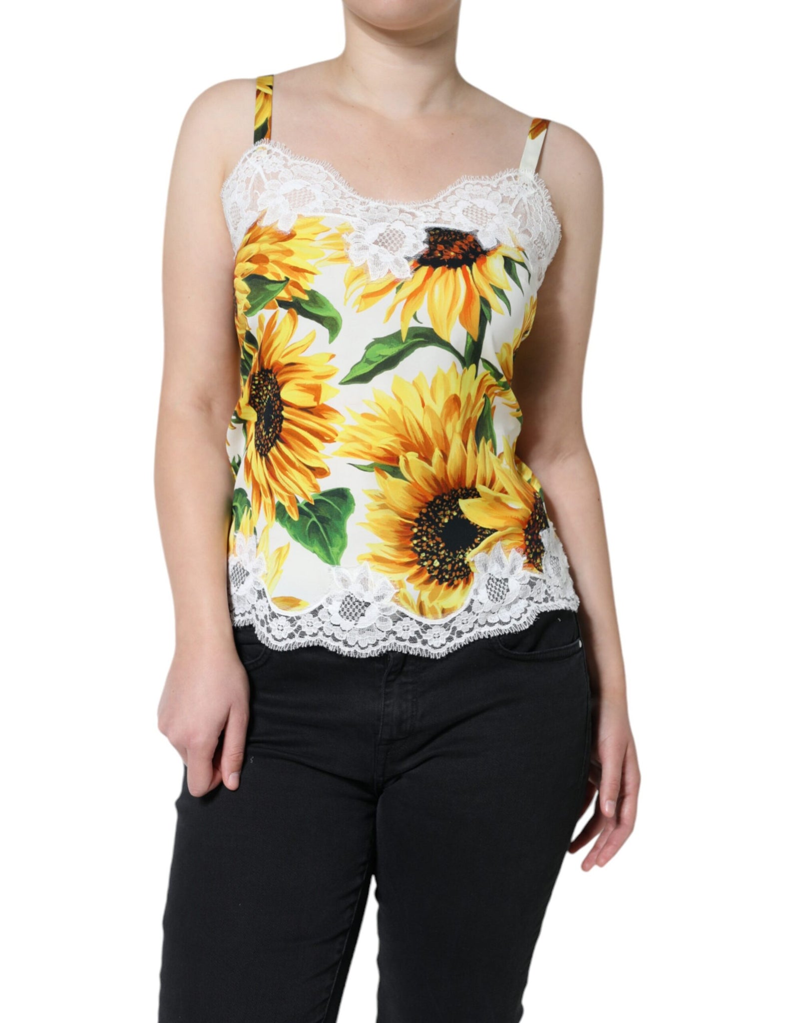 Dolce & Gabbana White Silk Sunflower Lace Sleeveless Tank Top