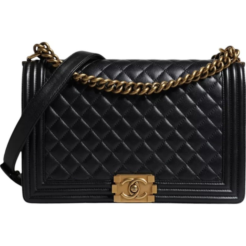 Chanel Black Large Lambskin Double Chain Gold Leather Shoulder Bag