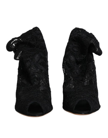 Dolce & Gabbana Black Lace Stretch Heels Mid Calf Boots Shoes