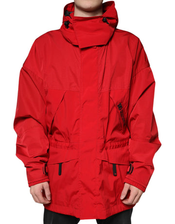 Dolce & Gabbana Red Nylon Hooded Men Full Zip Parka Jacket