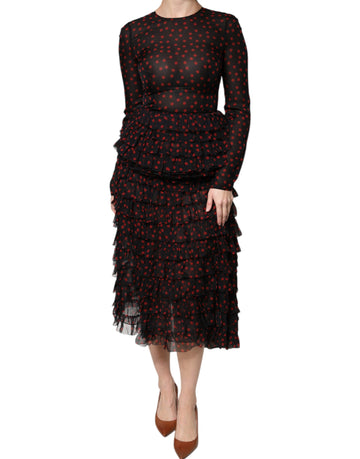 Dolce & Gabbana Black Red Polka Dot Silk Layered Midi Dress