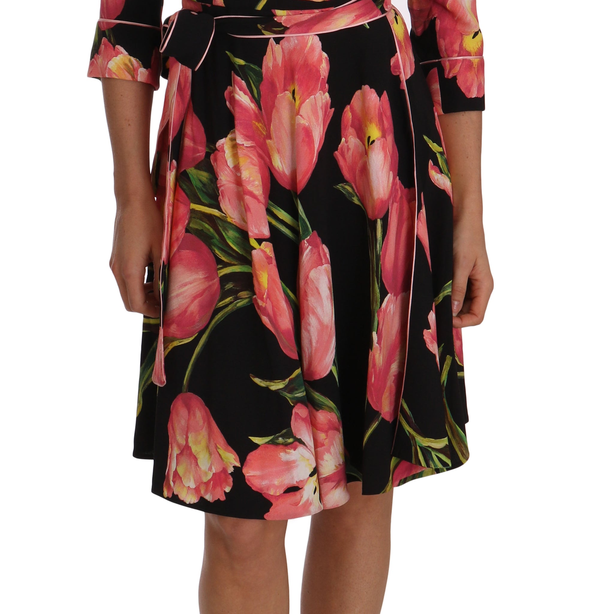 Dolce & Gabbana Elegant Black Shift Dress with Pink Tulips Print