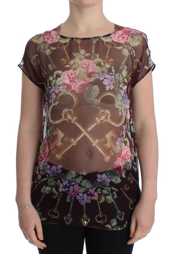 Dolce & Gabbana Elegant Floral Silk Blouse with Cap Sleeves