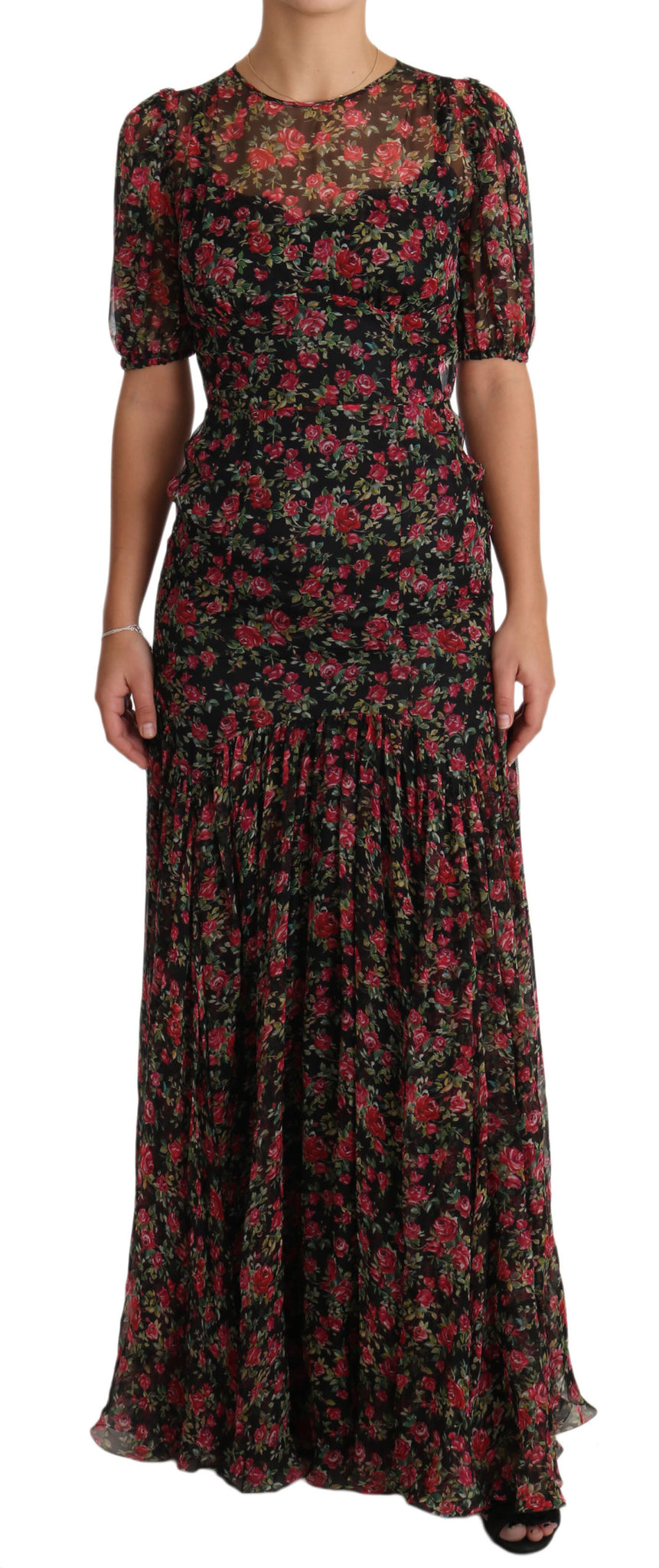 Dolce & Gabbana Elegant Black Silk Floral A-Line Gown